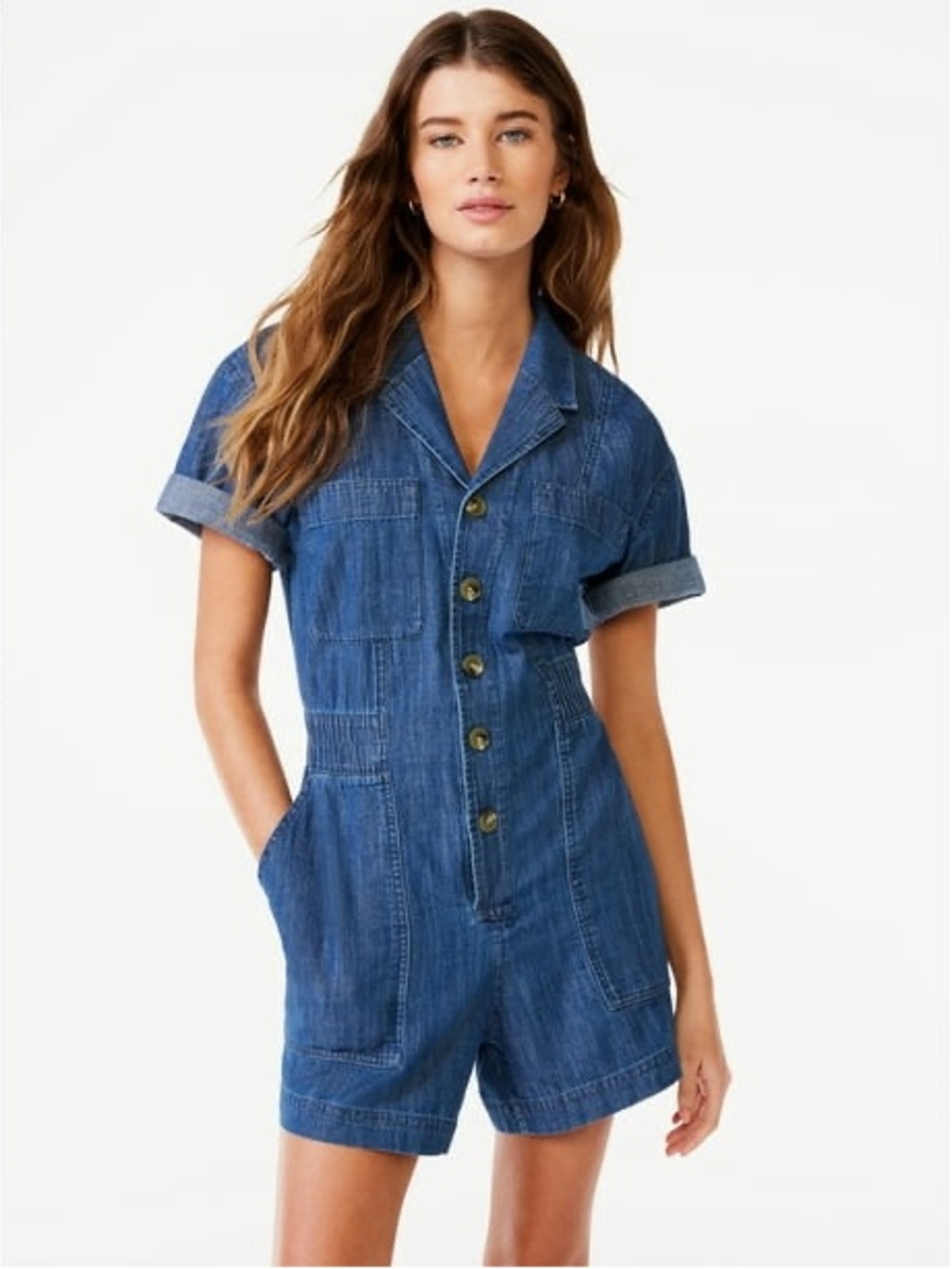 Free Assembly Short Sleeve Blue Denim Romper XS Like New